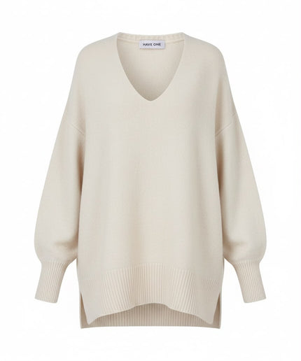 Haveone Co-ord Set Crema con Maglione Scollo V e Pantaloni con Coulisse