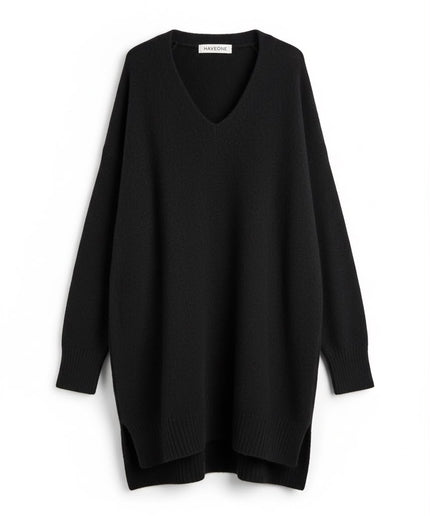 Haveone Co-ord Set Nero con Maglione Scollo V e Pantaloni con Coulisse