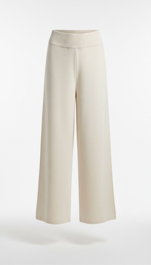 Haveone Co-ord Set Crema con Maglione Scollo V e Pantaloni a Gamba Larga