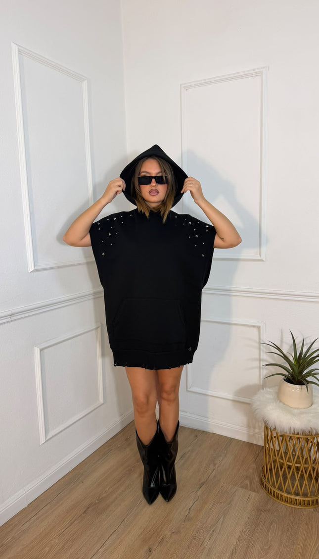 Felpa Dixie Nera Oversize con Cappuccio e Strass