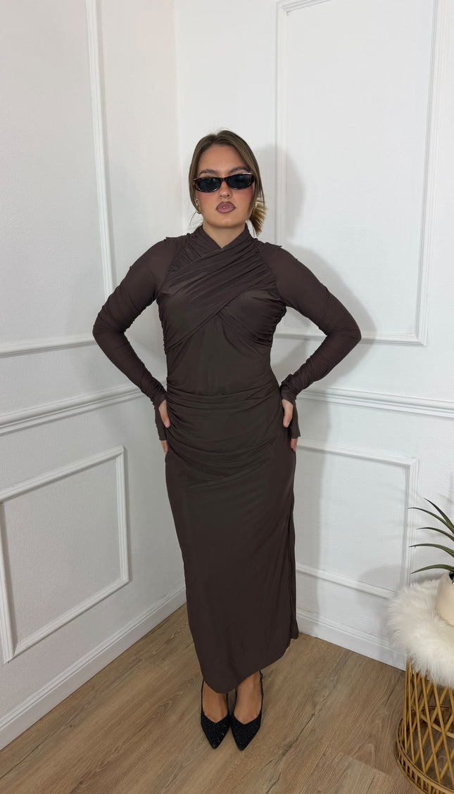 Abito midi marrone con scollo incrociato Aniye By