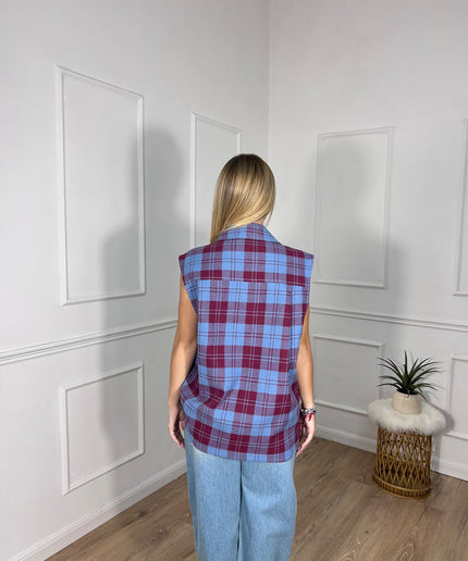 Gilet a quadri azzurro e bordeaux con bottoni Vicolo