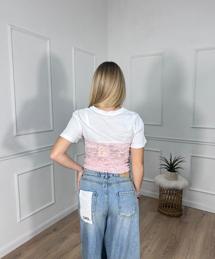 Maglia bianca con bustino in pizzo rosa Kontatto
