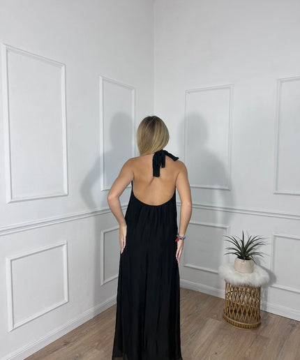 Abito lungo nero con scollo all’americana e volant Haveone