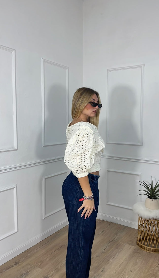 Maglia avorio con scollo a V e maniche a sbuffo traforate Toy G