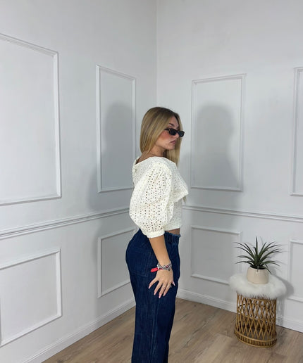 Maglia avorio con scollo a V e maniche a sbuffo traforate Toy G