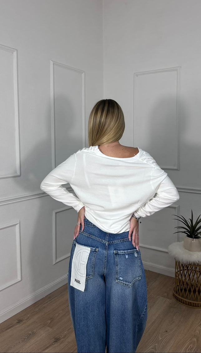 Maglia bianca drappeggiata con scollo asimmetrico Haveone