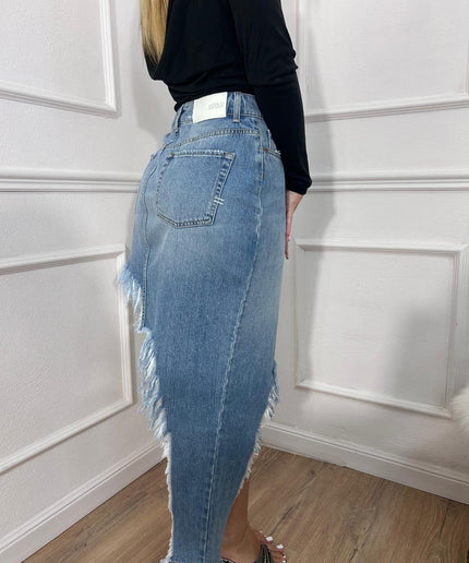 Gonna in denim azzurro asimmetrica con frange Vicolo