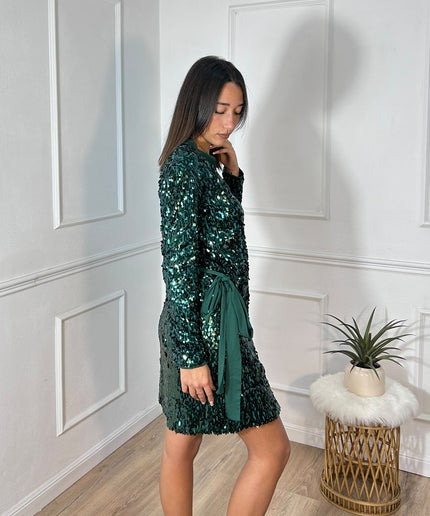 Le Volière – Abito corto verde in paillettes con scollo incrociato
