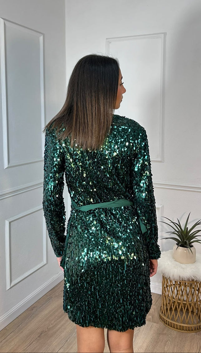 Le Volière – Abito corto verde in paillettes con scollo incrociato