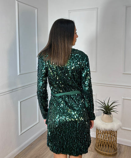 Le Volière – Abito corto verde in paillettes con scollo incrociato